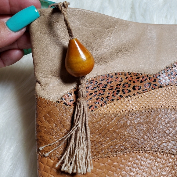 Vintage Leather Beige and Brown Patterned Clutch